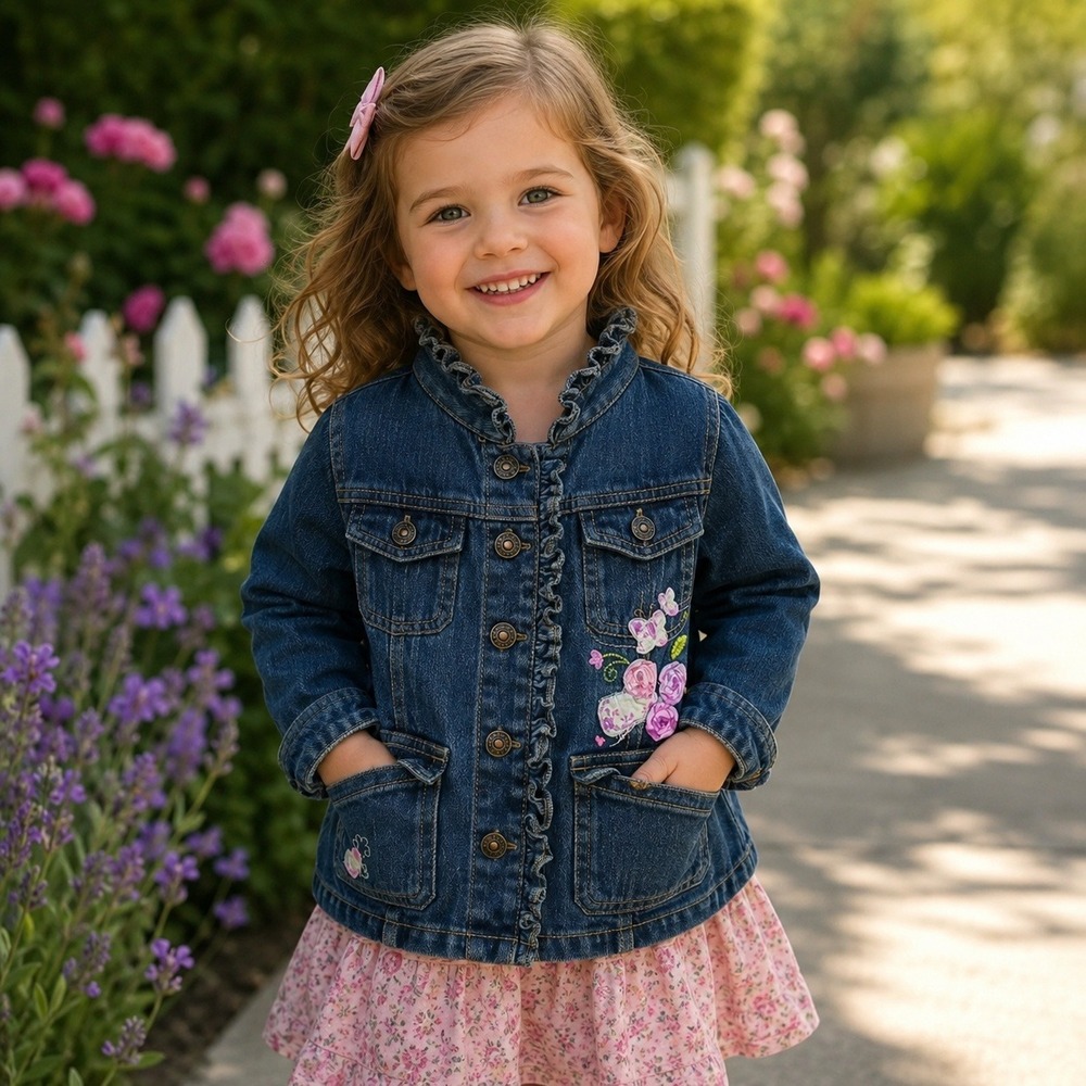 Arizona Jean Company 4T Denim Jacket Floral Ruffle Applique Blue Toddler‎